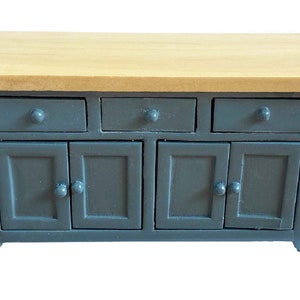 Dolls House Blue &amp; Oak Modern Sideboard Kitchen Counter Miniature Furniture 1:12