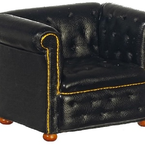 Dolls House Black Leather Chesterfield Armchair JBM Miniature Living Room Furniture