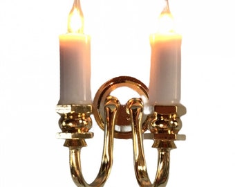Dolls House Gold Brass Double Candle Wall Light Sconce 12V Electric Lighting