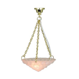 May include: A gold chain hangs from a ceiling fixture, suspending a white, frosted glass bowl-shaped light fixture.