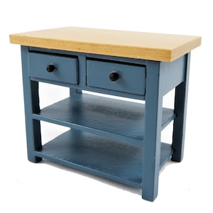 Dolls House Blue &amp; Pine Island Work Table Modern Miniature Kitchen Furniture