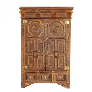 Dolls House Tudor Armoire Wardrobe Cupboard JBM Dark Walnut Miniature Furniture