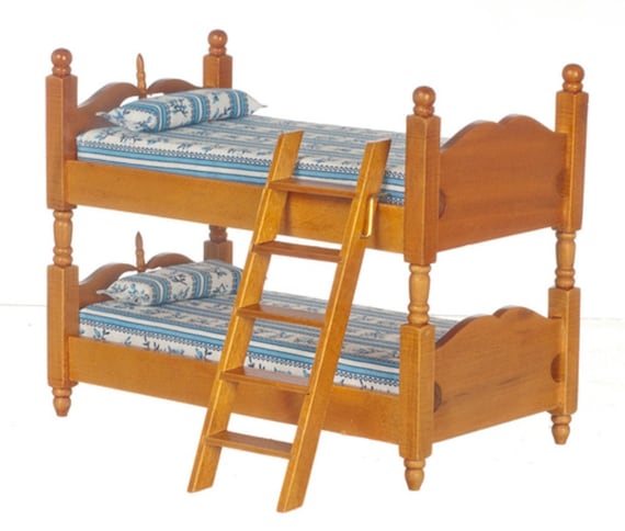 Dolls House Walnut Wooden Bunk Beds Miniature 1:12 Bunkbeds Bedroom  Furniture