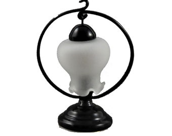 Dolls House Black Table Lamp With Circular Wire & Frosted Shade Electric Light