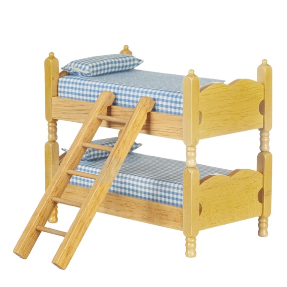 Dolls House Bunk Beds Light Oak Blue Gingham Bunks Miniature Bedroom  Furniture