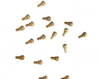 May include: A collection of 18 small wooden knobs with a rounded top and a pointed bottom. The knobs are a light brown color and are scattered on a white background.