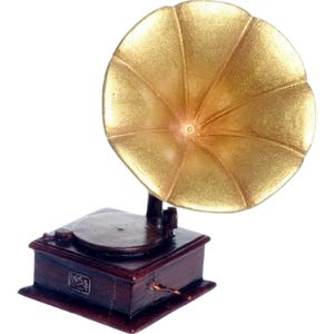 May include: A vintage-style gramophone with a gold-coloured horn and a dark brown wooden base. The horn is shaped like a flower and has a delicate design.