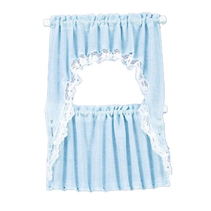 Dolls House Blue Curtain &amp; Valance Set on Rails Miniature Window Accessory