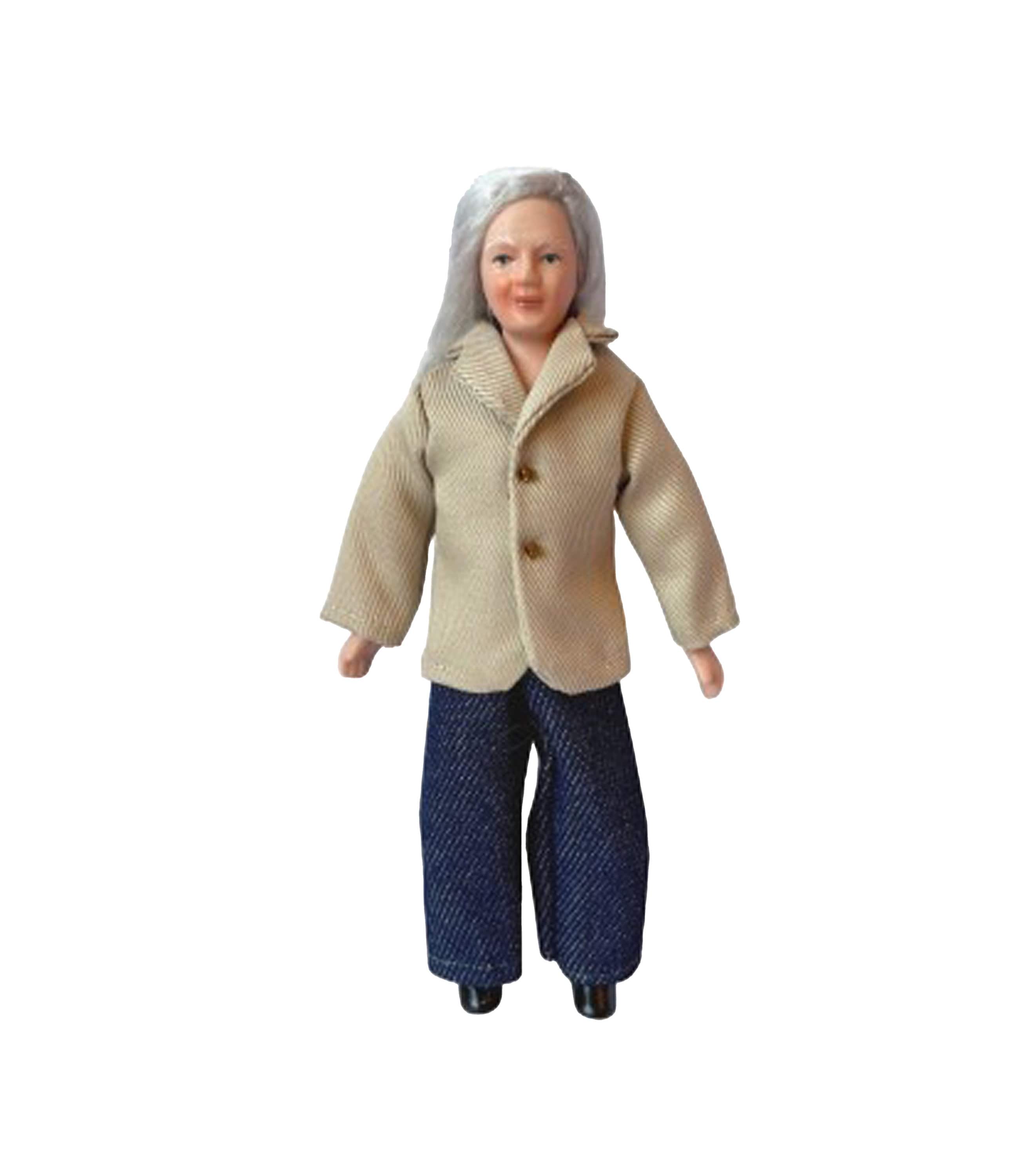 Porzellan-Opa Für Puppenhaus – Blauer Pullover & Jeans, 1:12 Maßstab, Mit Ständer, 15 Cm Hoch