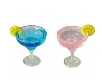 Dolls House 2 Blue &amp; Pink Cocktails with Lemon Miniature Drink Bar Pub Accessory