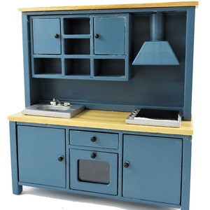 Dolls House Complete Modern Blue and Pine Kitchen Unit with Sink Oven &amp; Hob