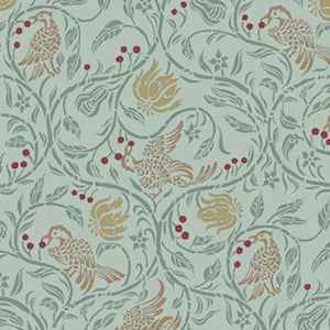 Dolls House Birds &amp; Berries Miniature Print 1:24 Wallpaper Green