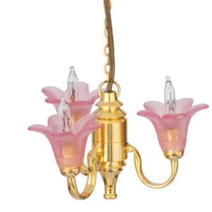 Dolls House 3 Arm Chandelier Cranberry Pink Shades Up Miniature Electric Light