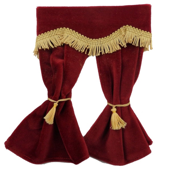 Dolls House Red Velvet Curtains Gold Fringe Window Accessory 1:12 Scale