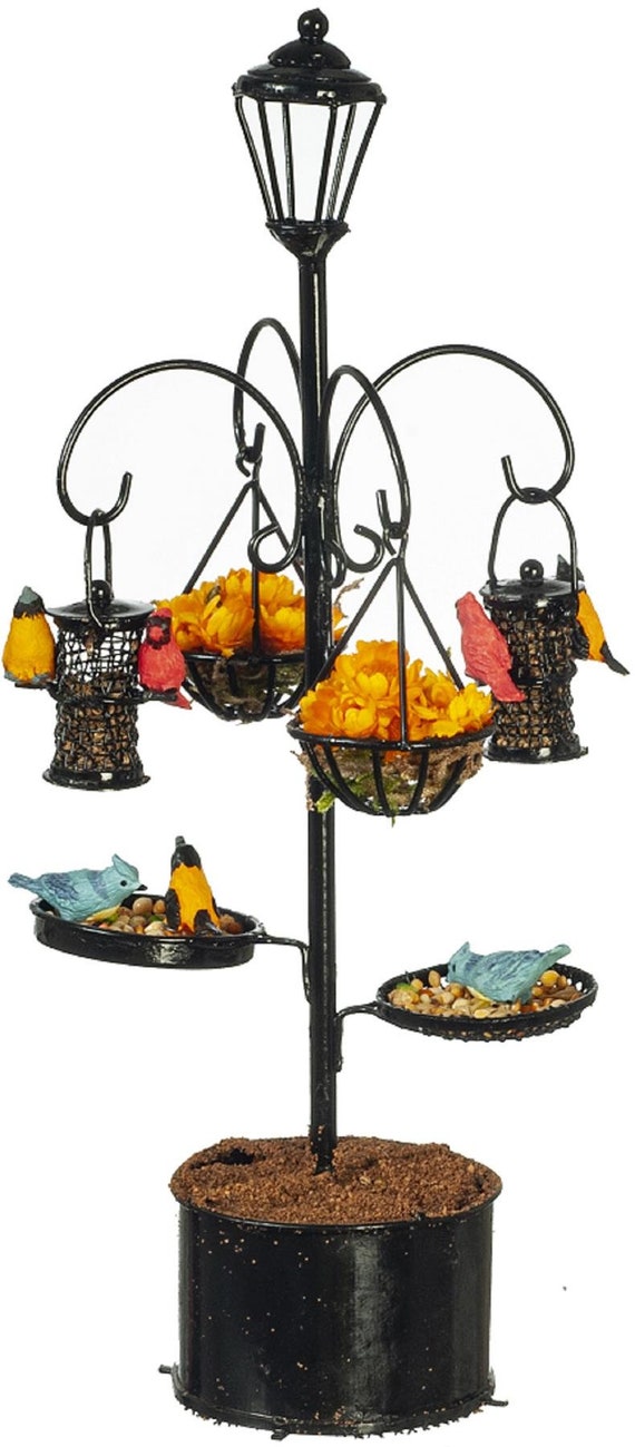 Dolls House Bird Bath Feeder Stand With Birds Black Miniature Etsy