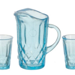 Dolls House Blue Jug &amp; Glasses Set Chrysnbon Miniature Accessory