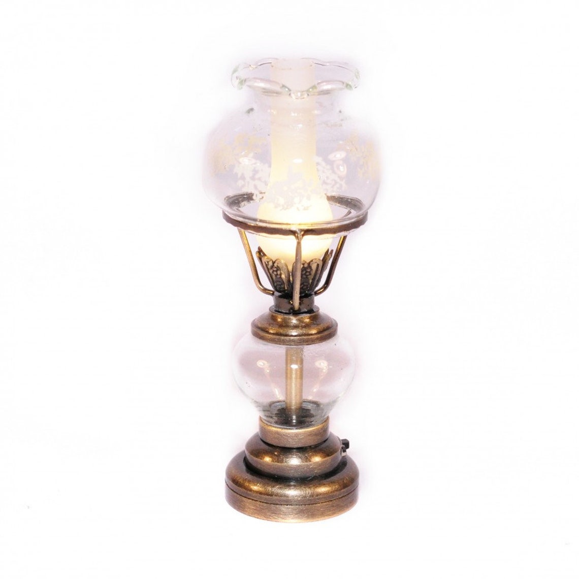Dolls House Antique Brass Oil Lamp Fancy Glass Shade LED | Etsy