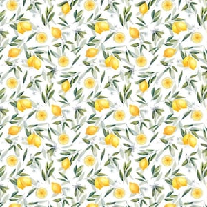 以下が含まれることがあります： 白い背景に、水彩画で描かれたレモン、レモンのスライス、緑の葉のシームレスなパターンです。