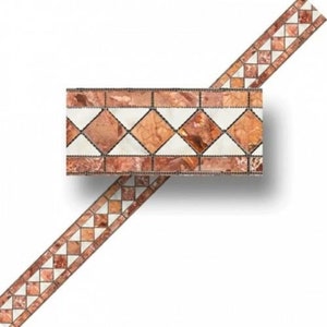 May include: A decorative tile border with a repeating pattern of white and brown diamond shapes. The tile border is made of natural stone and has a rustic look.