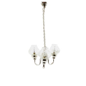 Dolls House 3 Arm Silver Chandelier Glass Globe Shades Miniature Electric Light
