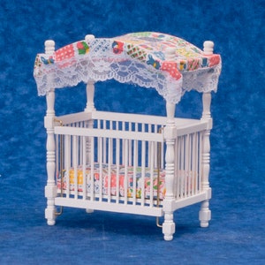 Dolls House Patchwork Canopy Cot Crib Miniature White Nursery Baby Furniture
