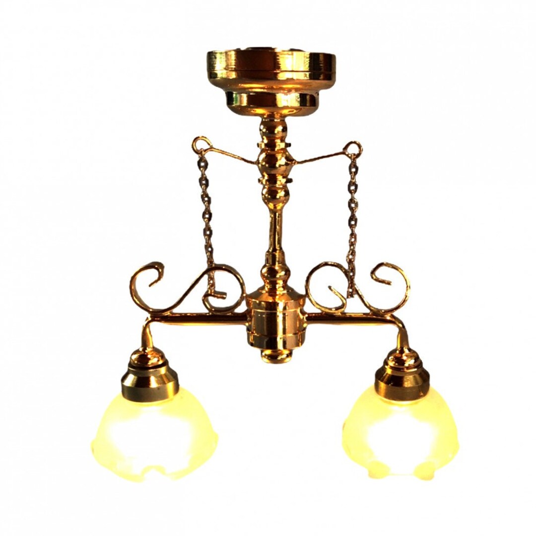 Melody Jane Dollhouse Brass Ceiling Light – LED Battery-Powered With White Globe Shades – 1:12 Scale - View #8