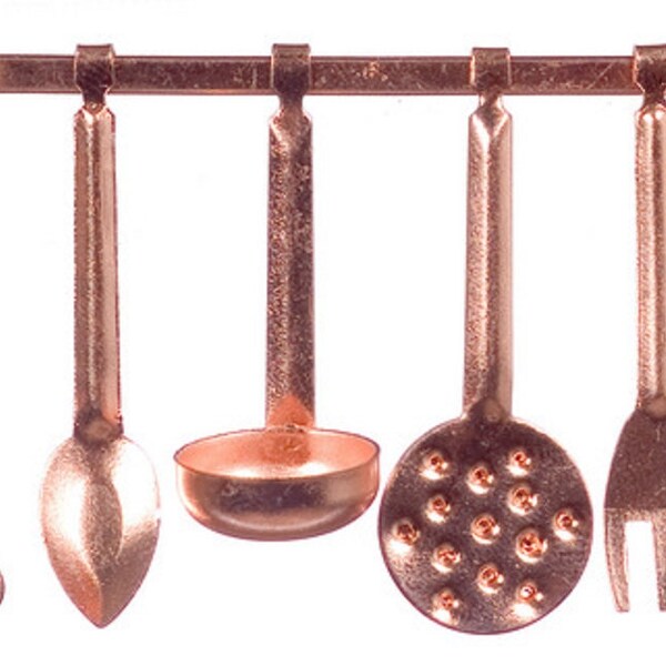 Dolls House Miniature 1:12 Scale Kitchen Accessory Copper Hanging Utensils and Rack