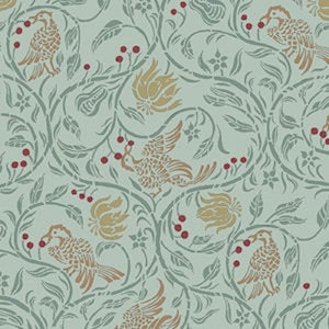 Dolls House Birds &amp; Berries Green Miniature Print Wallpaper 1:12 Scale