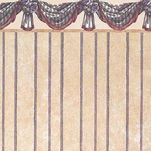 May include: Wallpaper featuring vertical beige stripes with purple lines. The top border has a decorative design with purple flowers, draped fabric, and silver vases.