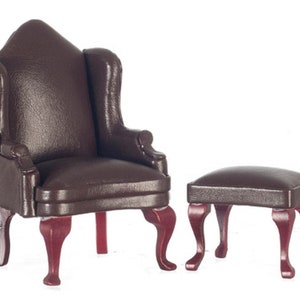 Dolls House Brown Leather Wing Armchair &amp; Footstool Living Room Furniture