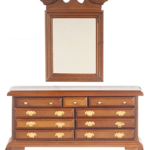 Dolls House Walnut Queen Ann Dressing Table Bedroom Furniture Chest &amp; Mirror