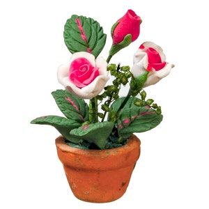 Dolls House Pink Roses in a Terracotta Pot Miniature Garden Accessory 1:12 Scale