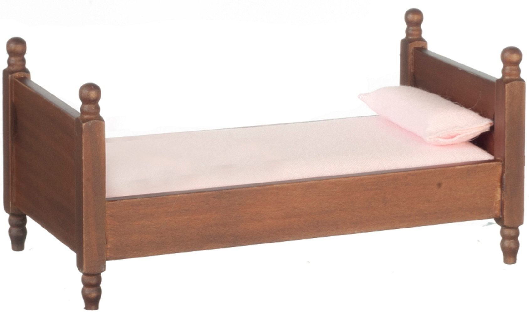 Dolls House Walnut Single Bed With Pink Cover Miniature Bedroom