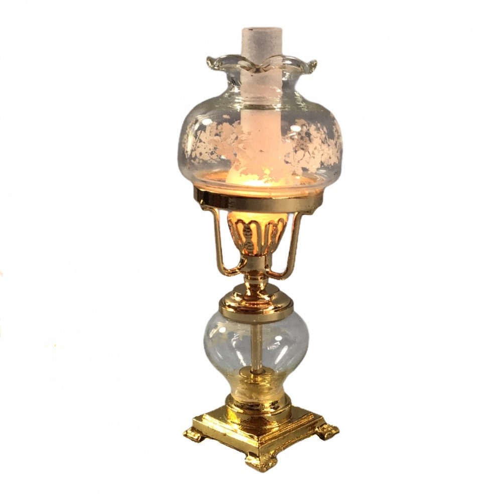 Puppenhaus Kostüm Viktorianisch Öl Lampe Gold Geätzte Glas Lampion Elektrisch 