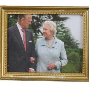 Dolls House Queen Elizabeth II & Prince Philip Portrait Picture 1:12 Gold Frame