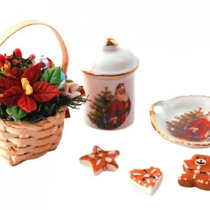 Poppenhuis kerstbloemen pot bord en koekjes miniatuur Reutter-accessoire