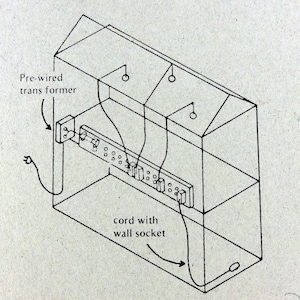 Peut inclure: Illustration d'une bo&icirc;te rectangulaire transparente avec un toit en pente. &Agrave; l'int&eacute;rieur, une multiprise est connect&eacute;e &agrave; un transformateur pr&eacute;-c&acirc;bl&eacute; et &agrave; un cordon avec une prise murale. Des fils relient la multiprise &agrave; de petits luminaires.