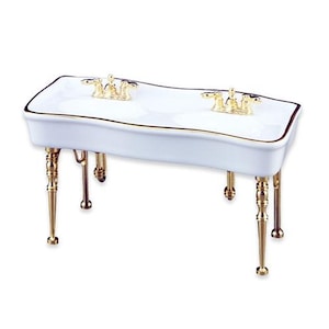 Dolls House White &amp; Gold Porcelain Double Sink Reutter Bathroom Furniture 1:12