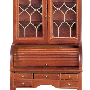 Dolls House Walnut Colonial Bureau Desk &amp; Bookcase 1:12 Study Office Furniture