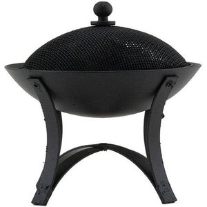 May include: Black metal fire pit with a mesh lid and a curved stand. The fire pit is designed for outdoor use.
