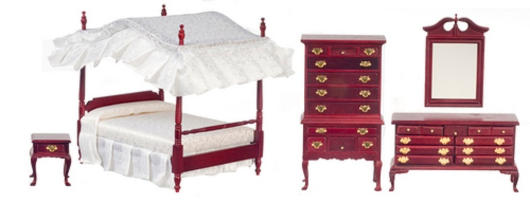 Dolls House Mahogany Victorian Bedroom Furniture Set With Canopy 4 ...