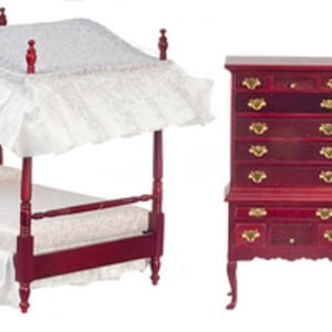 Dolls House Mahogany Victorian Bedroom Furniture Set with Canopy 4 Poster Bed
