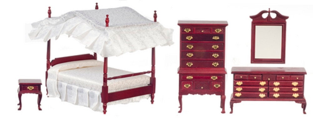 Puppenhaus Mahagoni Viktorianische Schlafzimmer Möbel Set mit Himmelbett Himmelbett