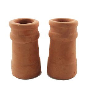 May include: Two small, terracotta-colored chimney pots. Each pot has a cylindrical shape with a flared top and a decorative band around the middle. The pots are unglazed and have a rustic, handmade appearance.