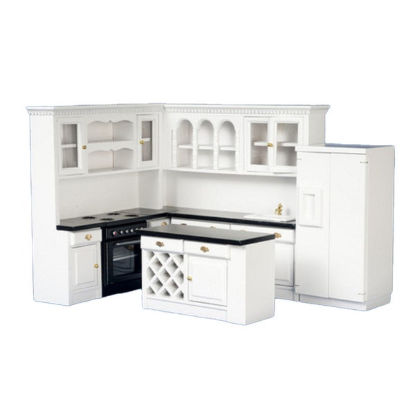 Set di mobili da cucina componibili in miniatura moderni in bianco e nero per casa delle bambole