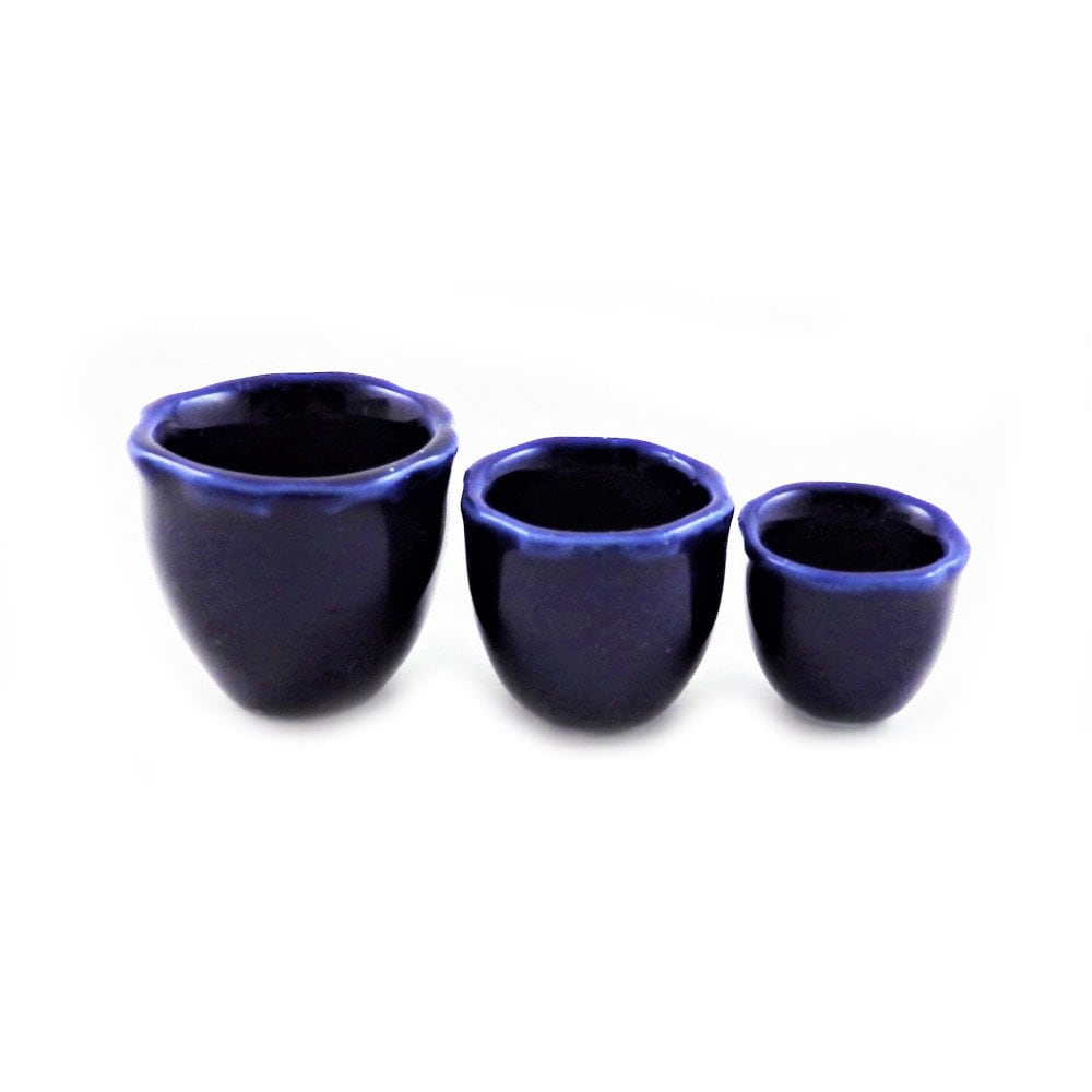 Casa delle bambole 3 vasi per piante in ceramica blu, accessorio moderno per il giardino domestico
