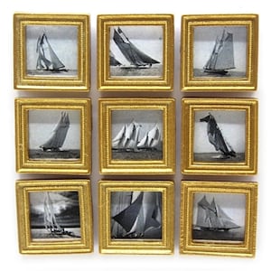 Dolls House 9 Vintage Yacht Pictures Paintings in Gold Frame Miniature Accessory