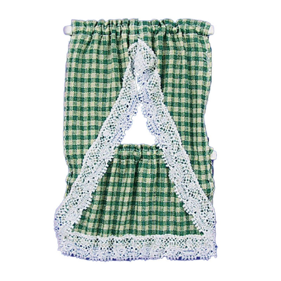 Dolls House Green Beige Gingham Country Kitchen Curtains & Etsy