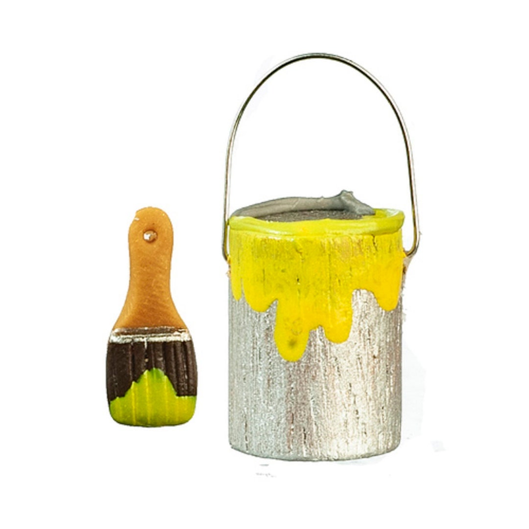 Dolls House Can Tin of Yellow Paint & Brush Miniature Accessory Tools
