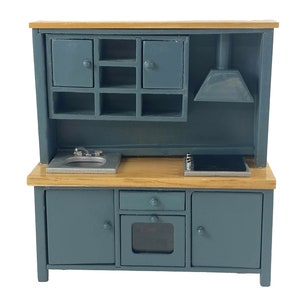 Dolls House Blue &amp; Oak Complete Modern Kitchen Unit with Sink Oven Hob 1:12